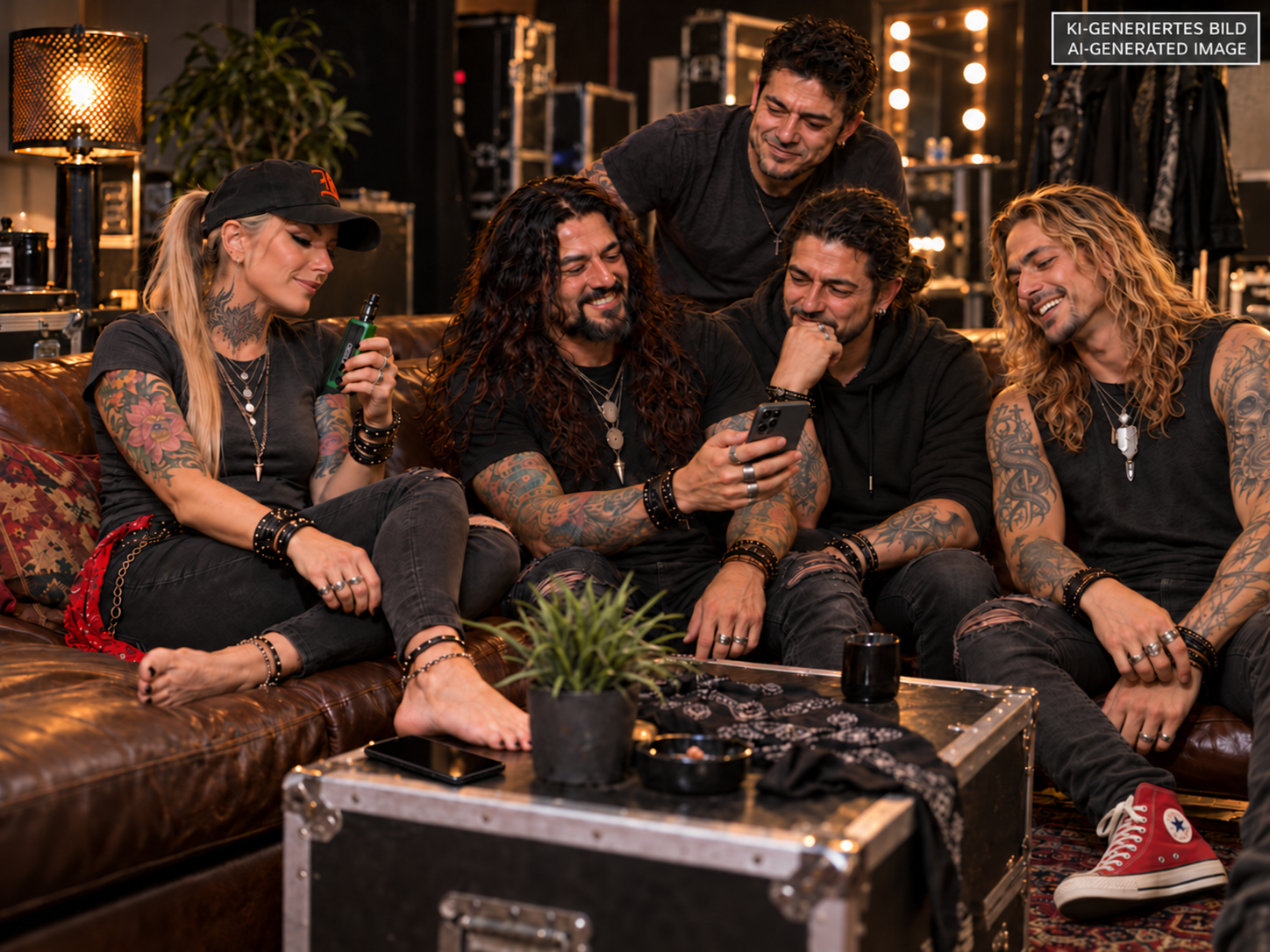 REALDARKRISK – die fünf Bandmitglieder gemeinsam in einer Backstage-Lounge, KI-generierte Szene