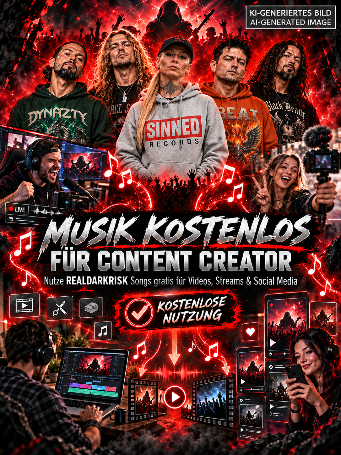 KI-generiertes REALDARKRISK-Bandmotiv: Musik kostenlos für Content Creator – für Videos, Streams und Social Media.
