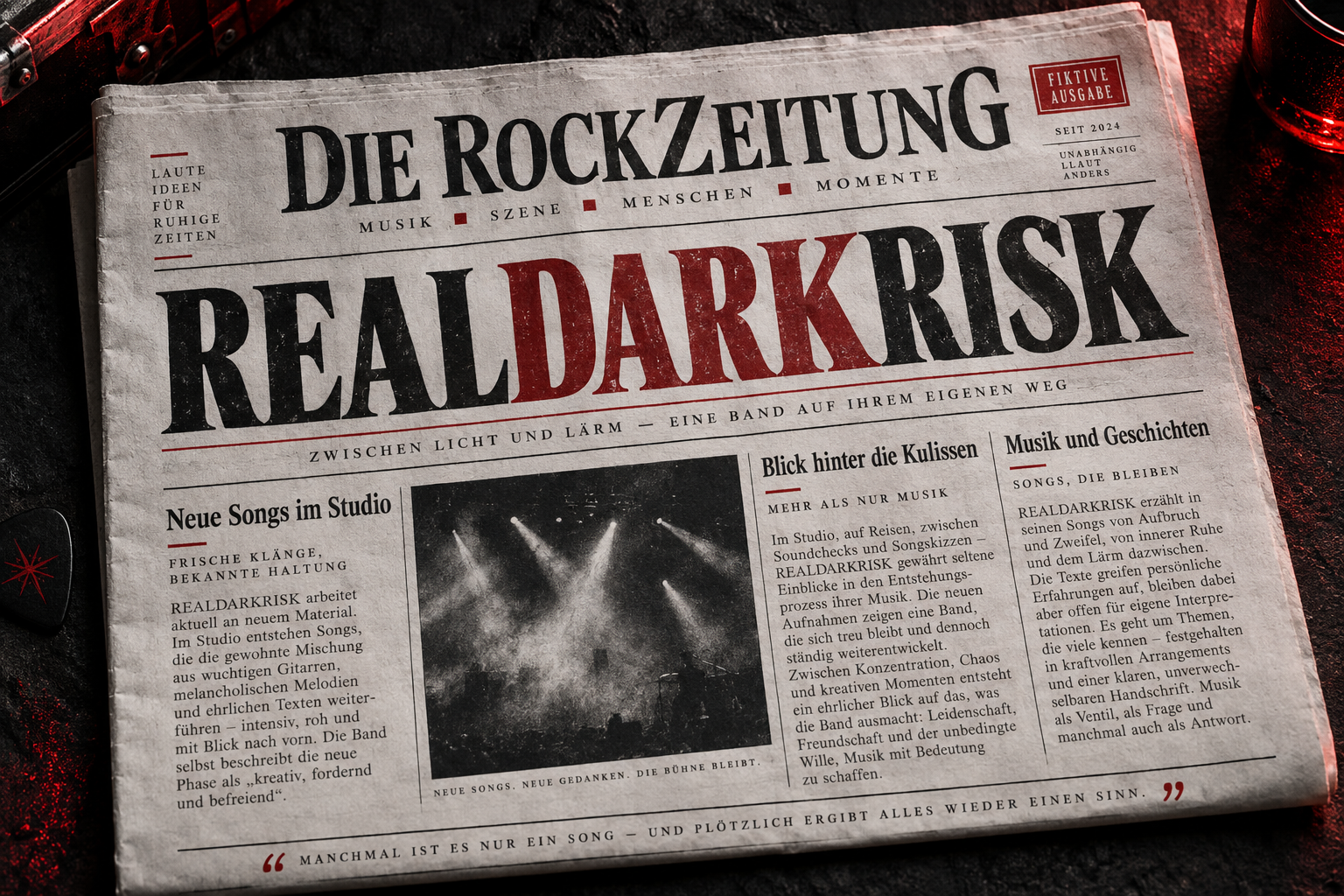 Fiktive Rockzeitung mit REALDARKRISK als Schlagzeile und kleinen Musikberichten